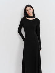 Women's Elegant Commuter Black Long-Sleeve Knit Dress