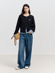 Women's Casual Miu-Style Faux-Layer Plaid-Panel Knit Top