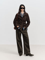Women's Casual Suede-Finish Waist-Cinching Leather Jacket