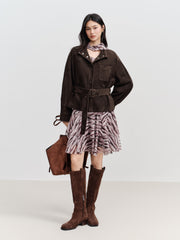 Women's Casual Suede-Finish Waist-Cinching Leather Jacket