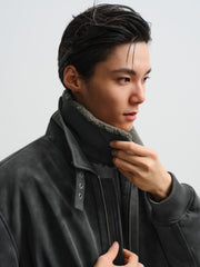 Men's Casual PU Leather Fleece-Collar Jacket-Style Down Jacket