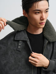 Men's Casual PU Leather Fleece-Collar Jacket-Style Down Jacket