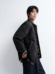 Men's Commuter Plaid-Paneled Black Shirt-Style Down Jacket