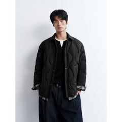Men's Commuter Plaid-Paneled Black Shirt-Style Down Jacket