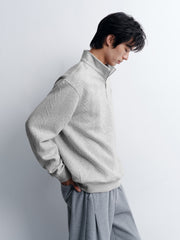 Men's Casual Grey Jacquard-Texture Half-Zip Sweatshirt