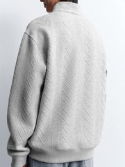 Men's Casual Grey Jacquard-Texture Half-Zip Sweatshirt