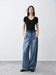 Women's Washed Wide-Leg Curved Jeans