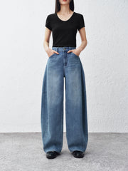 Women's Washed Wide-Leg Curved Jeans