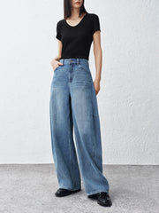 Women's Washed Wide-Leg Curved Jeans