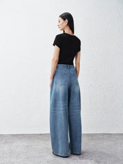 Women's Washed Wide-Leg Curved Jeans