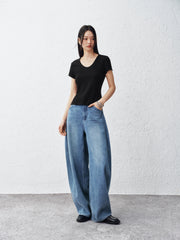 Women's Washed Wide-Leg Curved Jeans