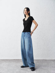 Women's Washed Wide-Leg Curved Jeans