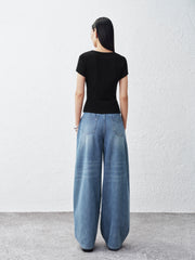 Women's Washed Wide-Leg Curved Jeans