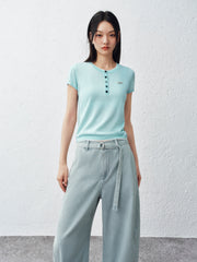 Women's Henley Neck Layered Look T-Shirt