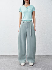 Women's Wide-Leg Curved Jeans with Detachable Belt