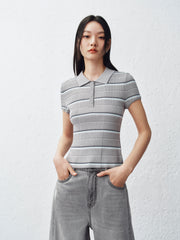 Women's Striped Knit Polo with Side Slits
