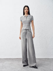 Women's Striped Knit Polo with Side Slits
