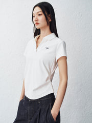 Women's Contrast Color Embroidered Polo Neck T-Shirt