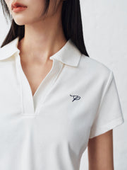 Women's Contrast Color Embroidered Polo Neck T-Shirt