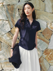 Women's Pleated Waist Polo Neck T-Shirt