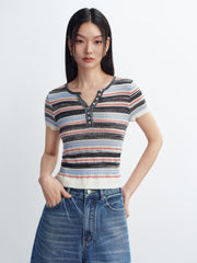 Women's Blend Striped Short Sleeve Knit Top