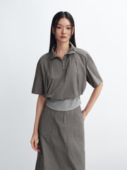 Women's cinched waist half-placket slim-fit top