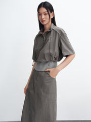 Women's cinched waist half-placket slim-fit top