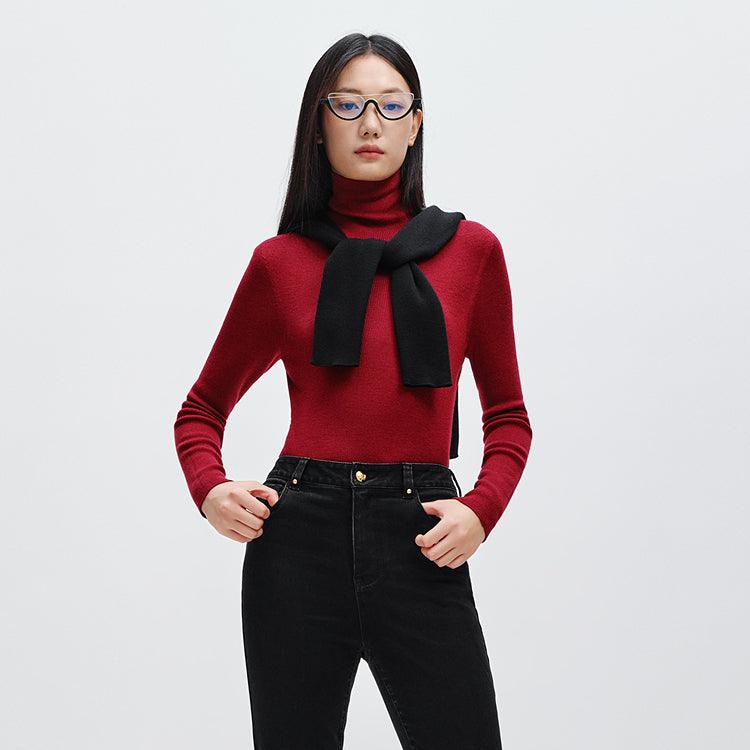 Women's Red Turtleneck Wool Pullover