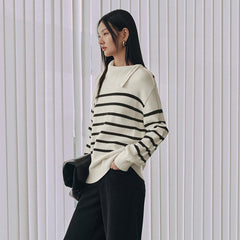 Women's Striped Button-Collar Knit Pullover