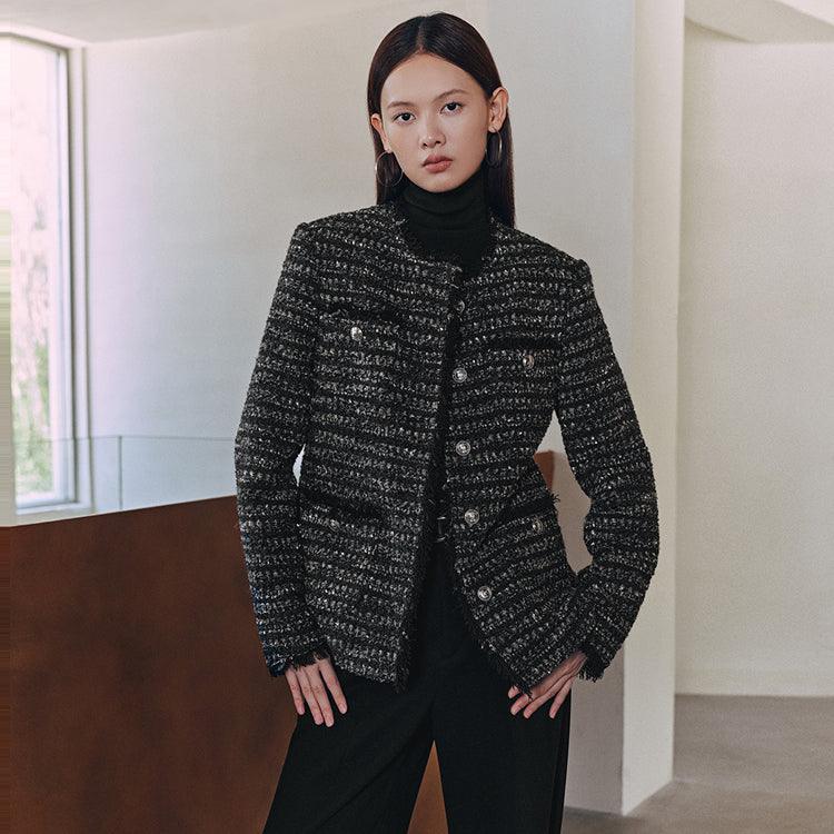 Women's Black Gray Raw Edge Tweed Jacket