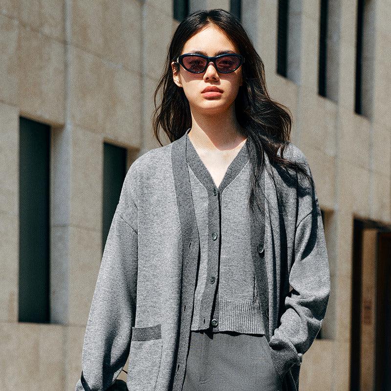 Women's Long V-neck Grey Wool Cardigan