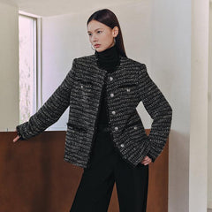 Women's Black Gray Raw Edge Tweed Jacket