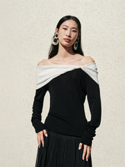 Women's Off-Shoulder Contrast Twist-Knot Knit Top