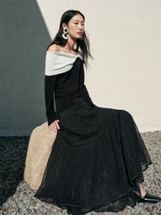 Women's Off-Shoulder Contrast Twist-Knot Knit Top