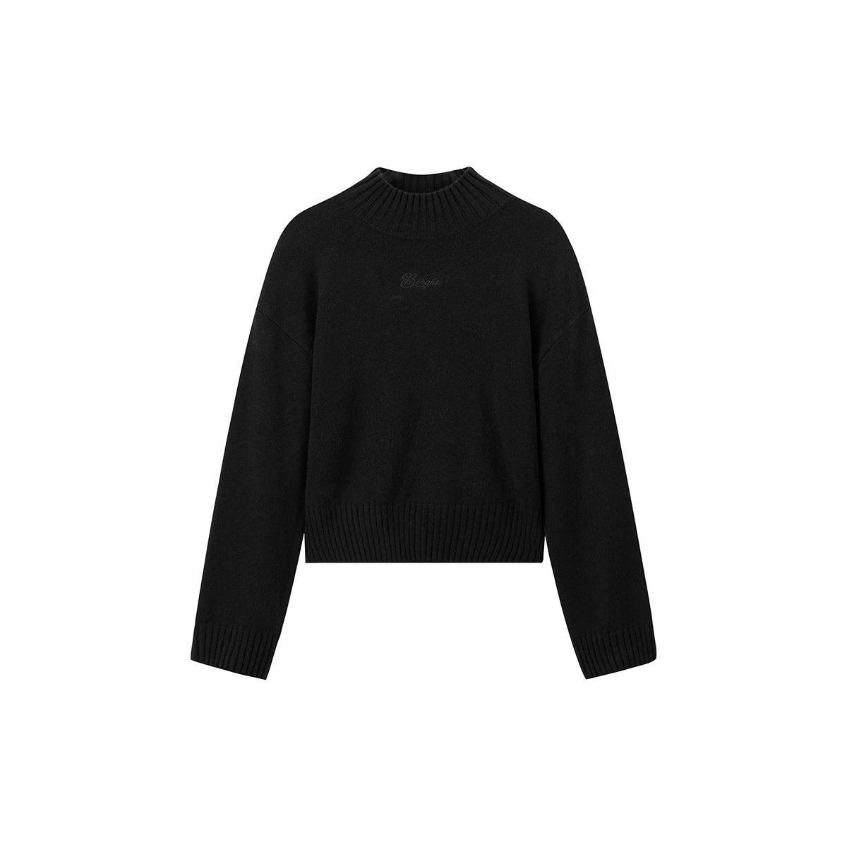 Women's Black Mock Neck Embroideried Pullover