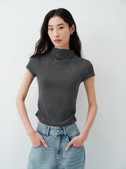 Women's Cropped Slim-Fit Antibacterial Mock-Neck T-Shirt