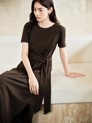 Women's Solid Knit Dress with Tie-Waist Detail