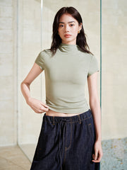 Women's Cropped Slim-Fit Antibacterial Mock-Neck T-Shirt