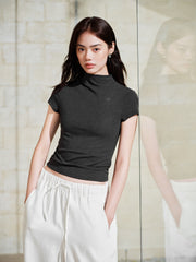 Women's Cropped Slim-Fit Antibacterial Mock-Neck T-Shirt