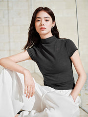 Women's Cropped Slim-Fit Antibacterial Mock-Neck T-Shirt