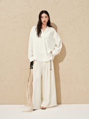 Women's Minimal Linen-Blend V-Neck Pullover Shirt