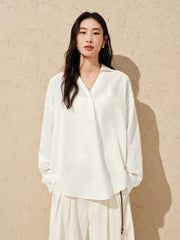 Women's Minimal Linen-Blend V-Neck Pullover Shirt