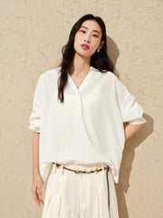 Women's Minimal Linen-Blend V-Neck Pullover Shirt