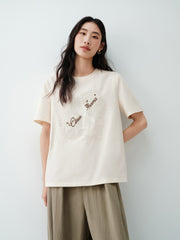 Women's lace flocking large pattern loose T-shirt