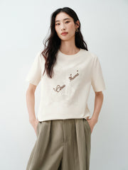 Women's lace flocking large pattern loose T-shirt