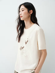 Women's lace flocking large pattern loose T-shirt
