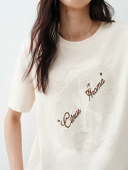 Women's lace flocking large pattern loose T-shirt