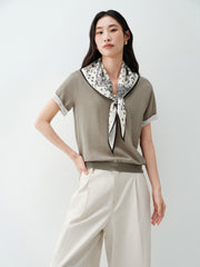 Women's short-sleeve U-neck knit top with scarf
