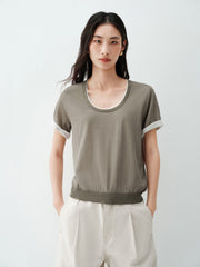 Women's short-sleeve U-neck knit top with scarf