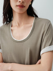 Women's short-sleeve U-neck knit top with scarf